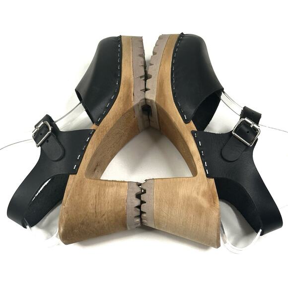 MIA Abba Swedish Wooden Clogs Black Leather Ankle Strap Size EU39 US8.5 New $120 - Picture 6 of 10